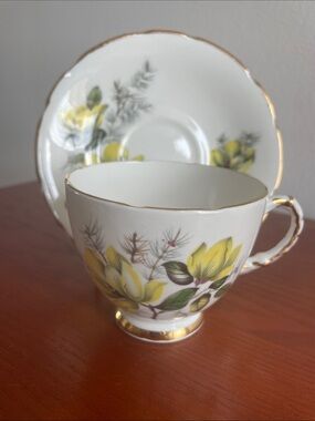 Delphine Fine Bone China Teacup & Saucer Set Yellow Floral with Gold Trim